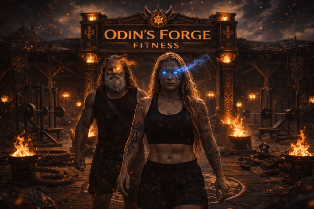 Odin and a Valkyrie walking forward in a forge-themed gym environment, representing strength, guidance, and transformation at Odin’s Forge Fitness